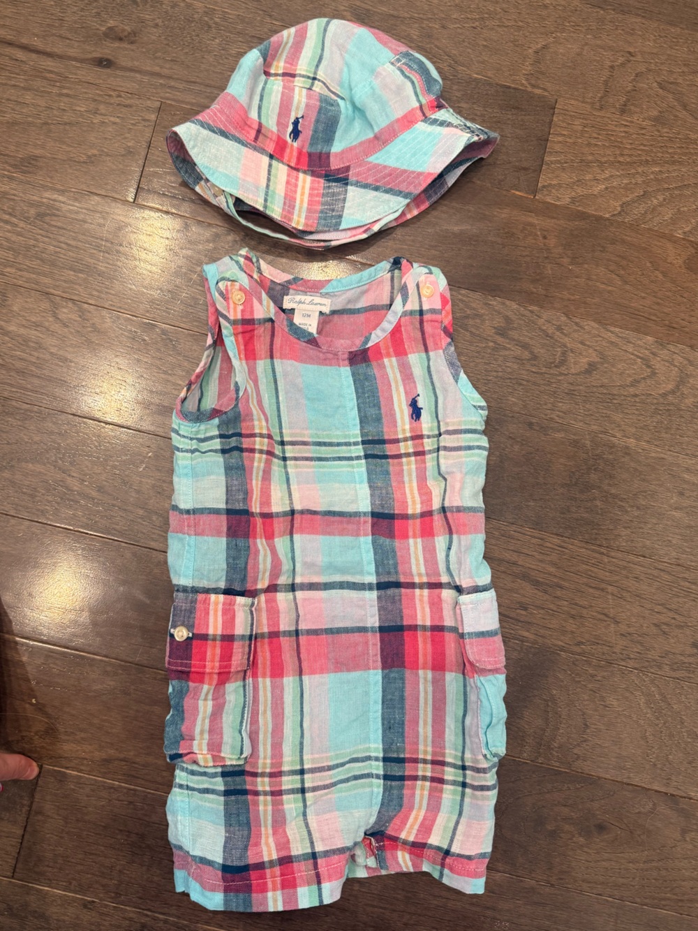 Ralph Lauren 12m Linen Plaid Shortall + Matching Hat
